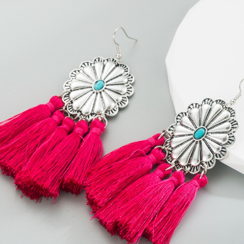 NEW Pink Boho Turquoise Concho Style Tassel Earrings